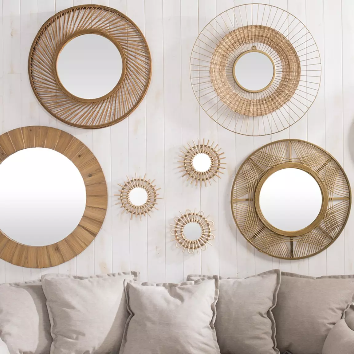 Lot de 3 miroirs (D28 cm) Soleil Rotin Naturel