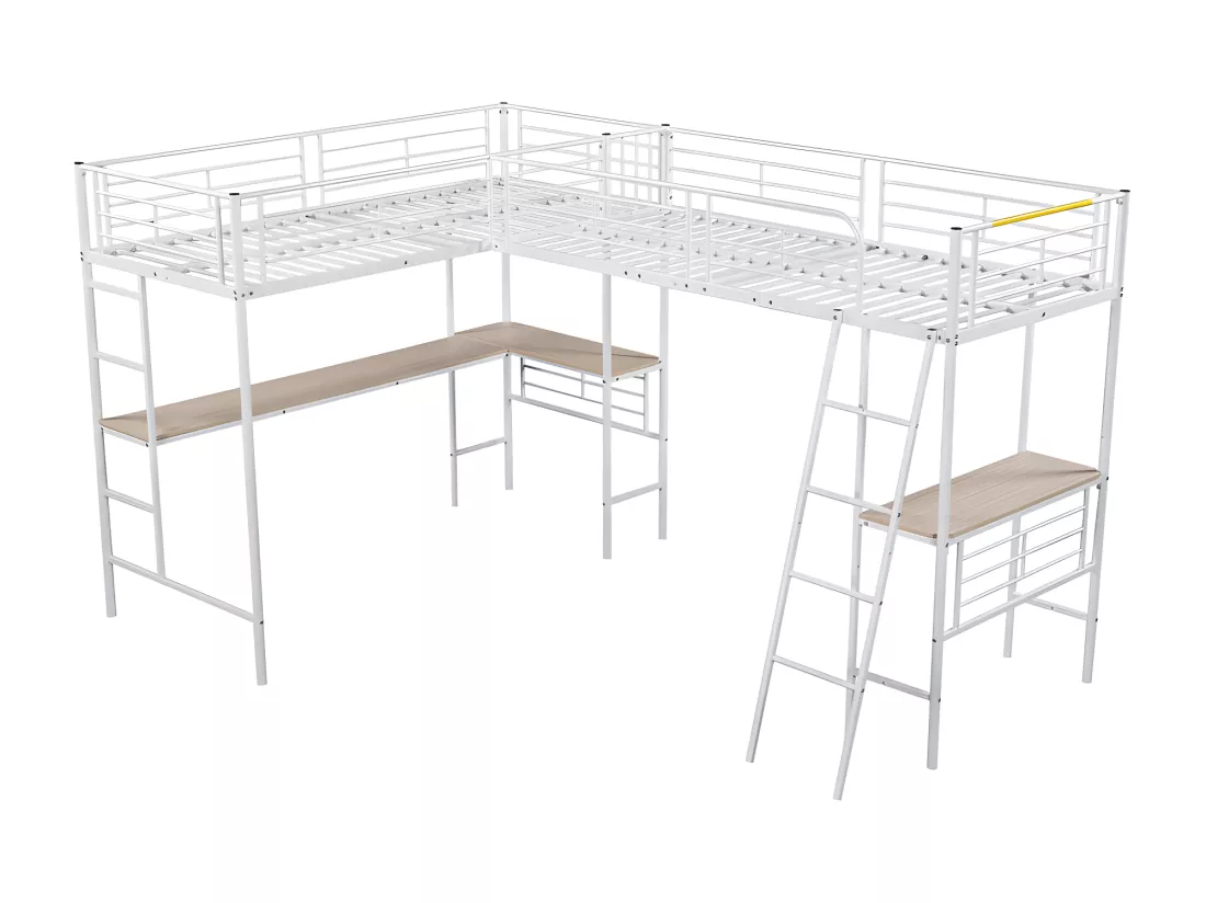 Lit mezzanine - 2 lits 90x200 cm - 2 bureaux sous le lit - Blanc