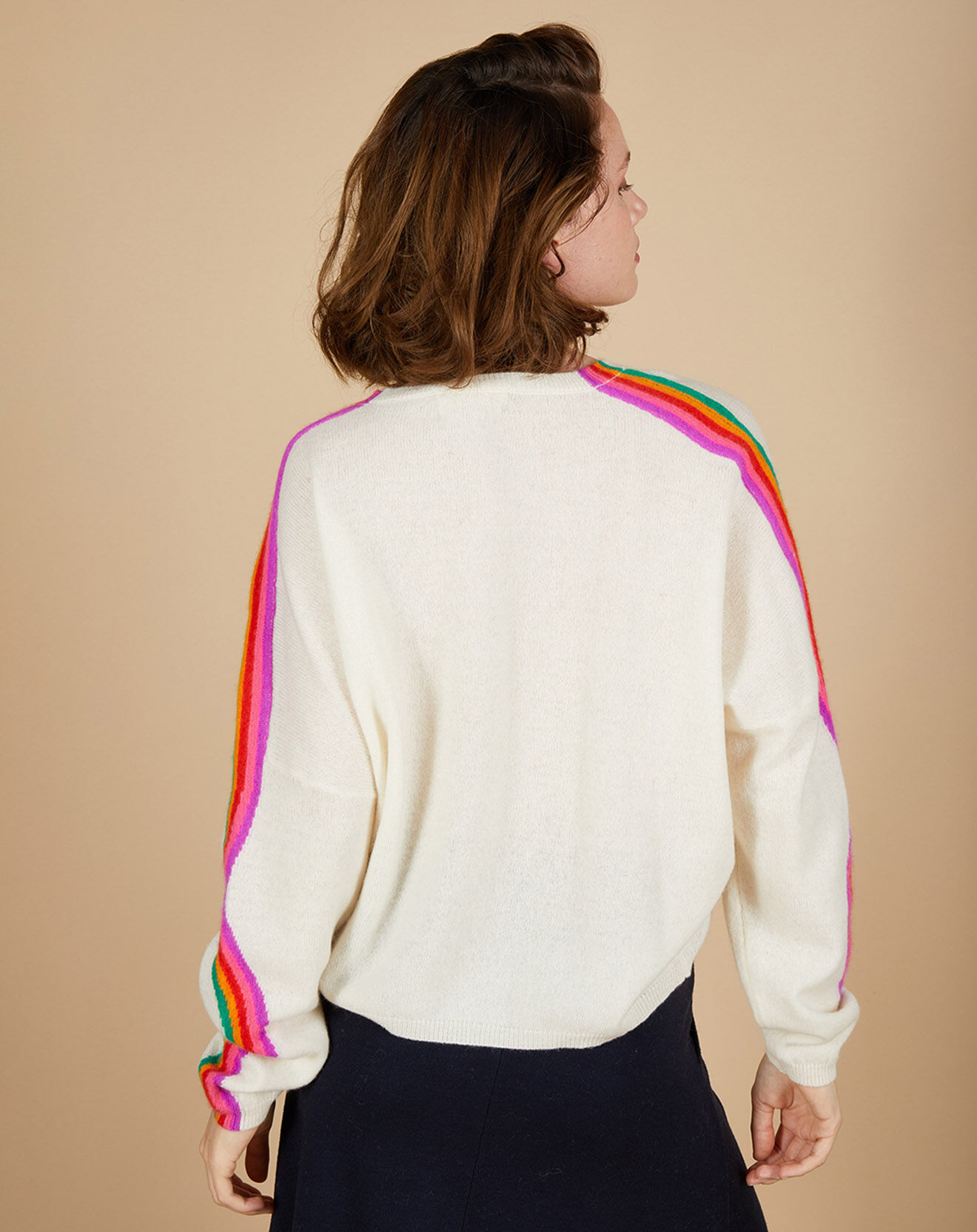 Cashmere Tribu Pull poncho 100% Cachemire Wimbow col V à bandes manches blanc cassé