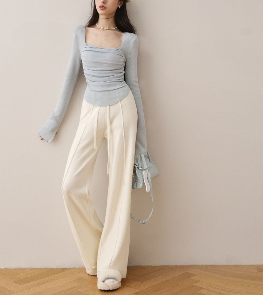 CRIBI - Top met lange mouwen en vierkante hals, effen gerimpeld geribbeld