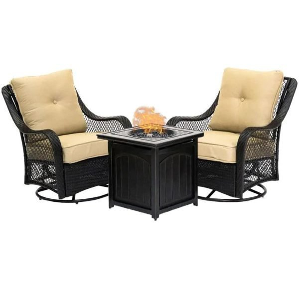3/5-Piece Steel Patio Fire pit Conversation Set with Sahara Sand Cushions and 26 in. Square Fire pit Side Table