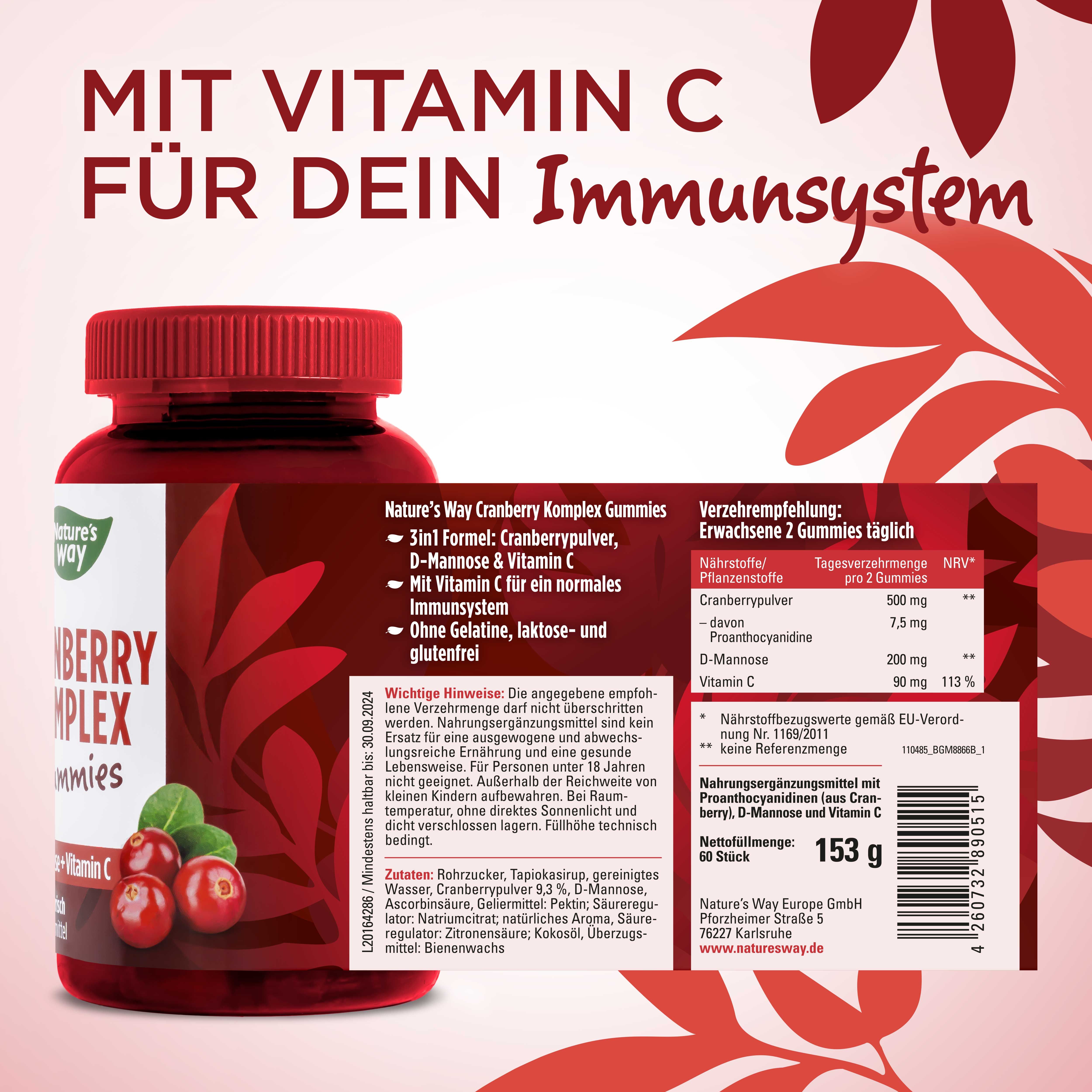 Nature's Way Cranberry Komplex Gummies - mit Vitamin C & D-Mannose - Immunsystem stärken mit Vit. C