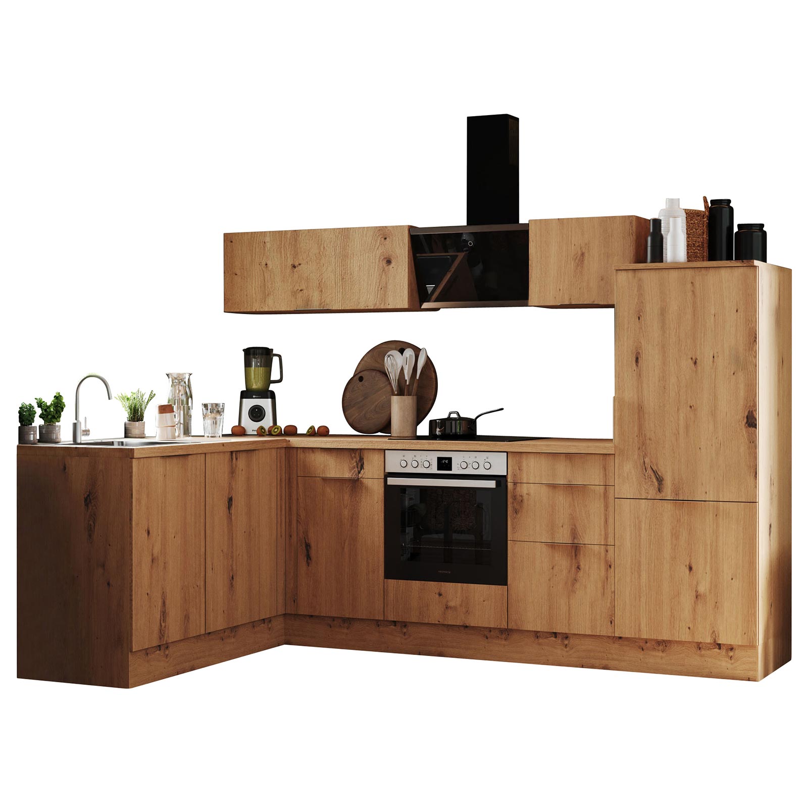 RESPEKTA Winkelküche - Artisan Eiche - mit E-Geräten - 280x175 cm
