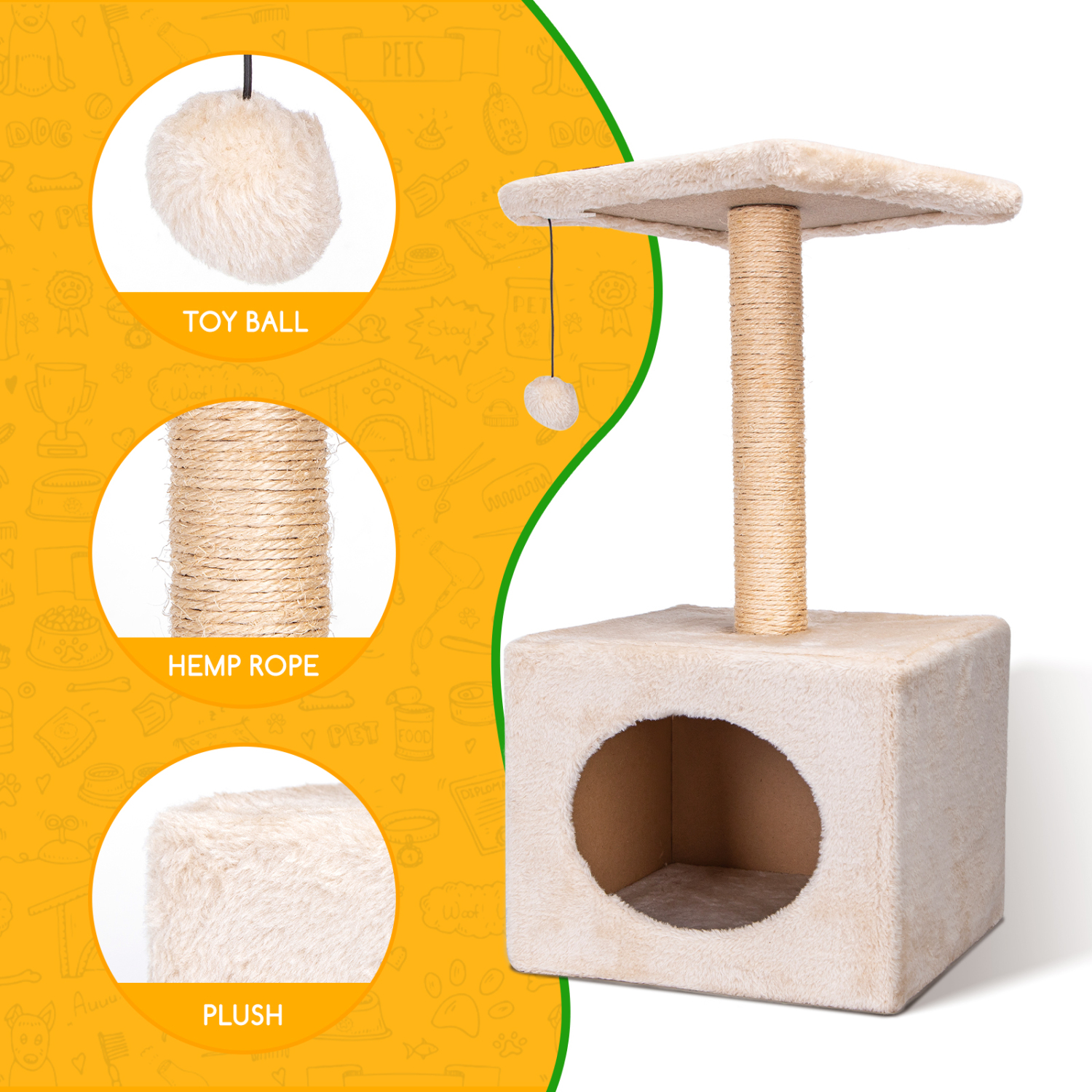 Árvore para Gatos Nobleza, Árvore para Escalar, Poste para Arranhar, Duas Bolas para Brincar, 60cm de Altura, Cor Bege