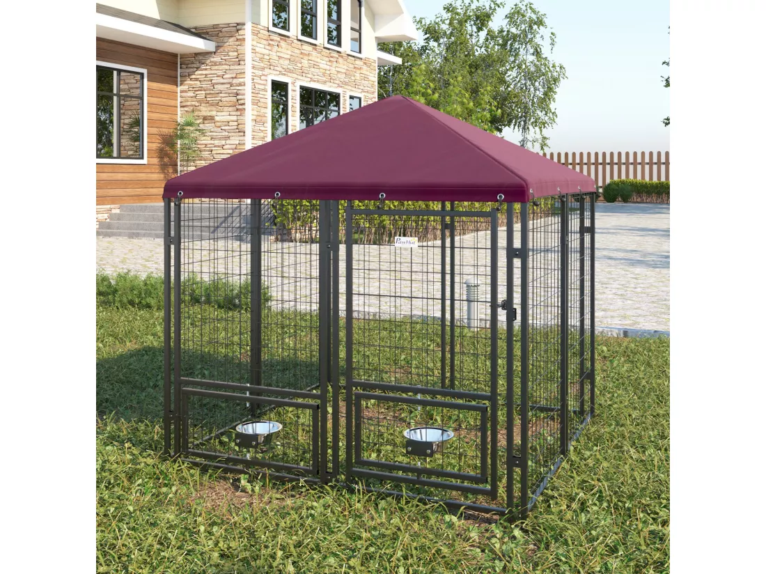 Chenil extérieur chien - cage chien - enclos chien - toile toit imperméable anti-UV, porte verrouillable, 2 bols rotatifs - acier noir oxford pourpre