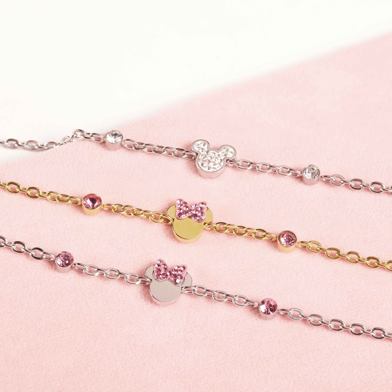 Stalen roseplated armband Minnie Mouse met roze kristal