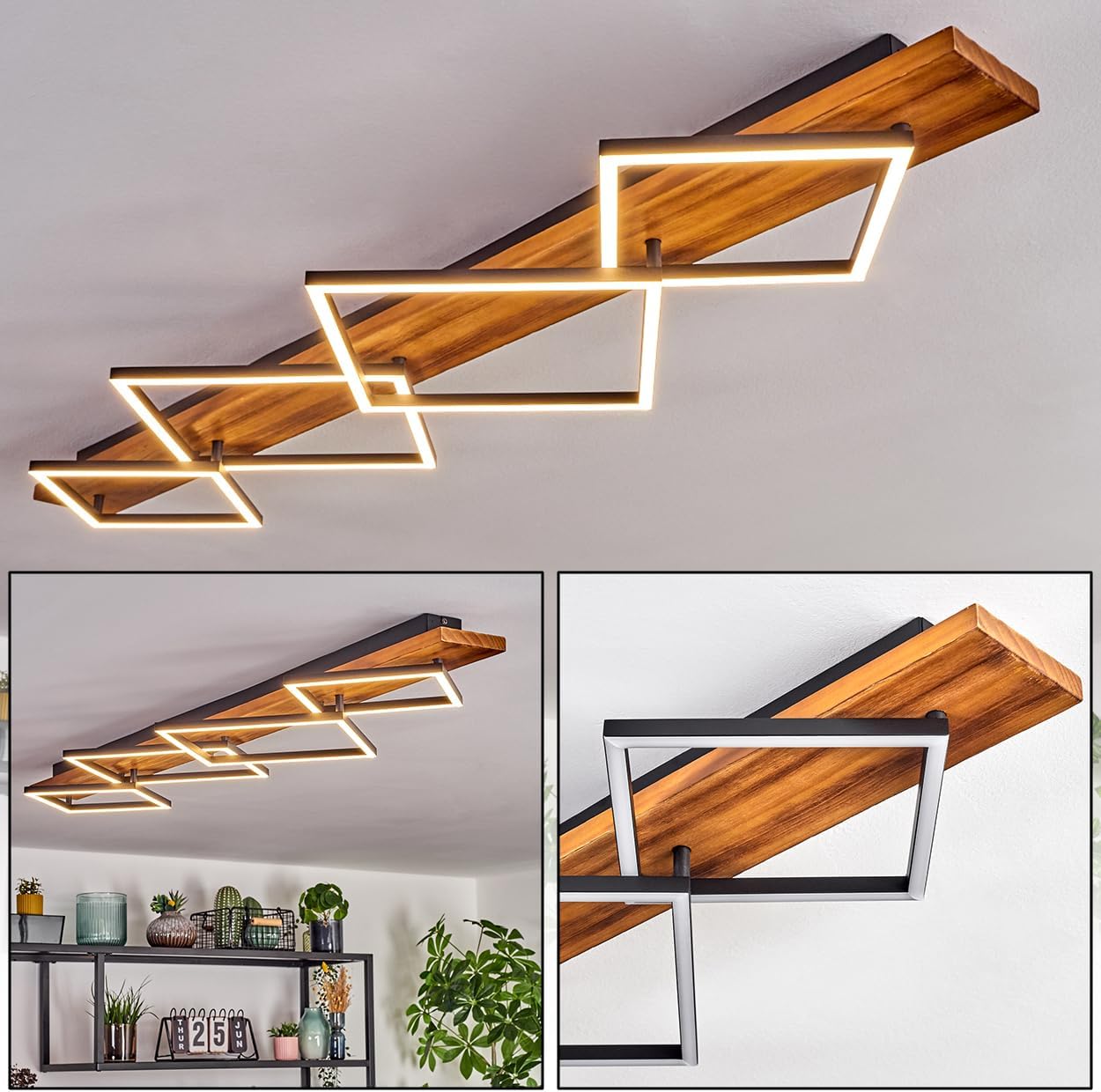 HOFSTEIN LED Deckenleuchte Pompu, Deckenlampe aus Metall/Holz/Kunststoff in Dunkelbraun/Schwarz/Weiß, 56W, 7600 Lumen, 3000 Kelvin, moderne Leuchte für Schlafzimmer, Esszimmer, Wohnzimmer, Küche, Flur