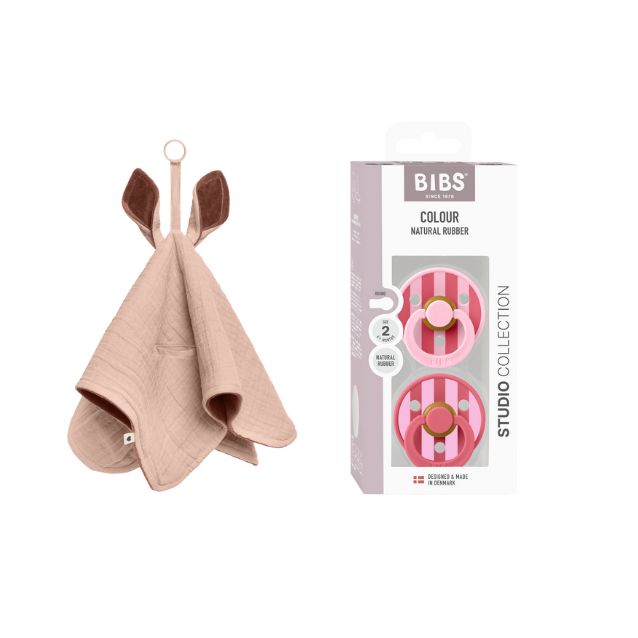 BIBS - Pacifier Studio Colour 2 PACK - Baby Pink/Coral - Size 2 + Cuddle Cloth Kangaroo - Blush (Bundle)