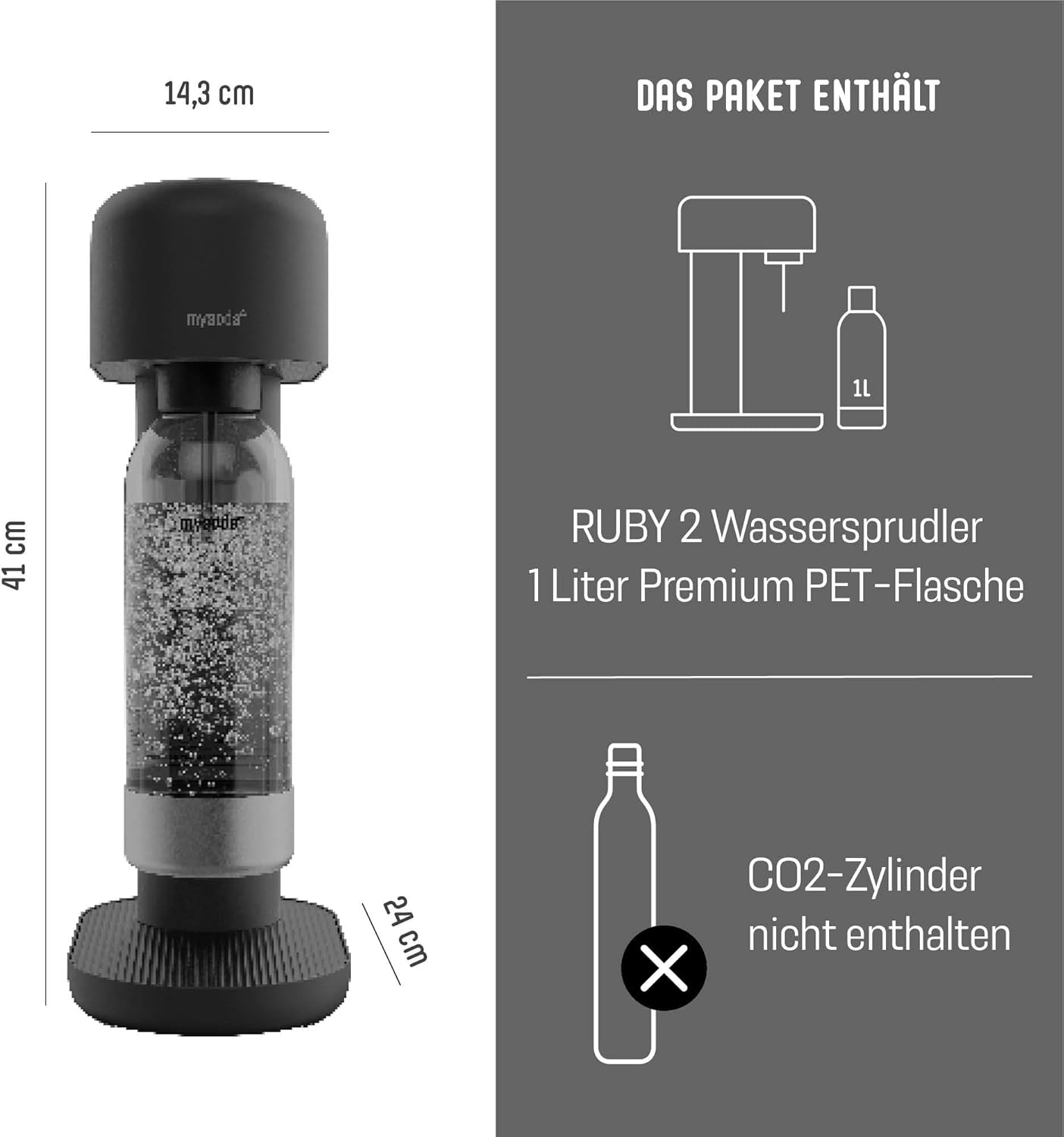 Mysoda: Stilvoller Ruby 2 Wassersprudler aus robustem Aluminium (ohne CO2-Zylinder) mit hochwertiger 1-Liter-Wasserflasche in Premiumdesign - Ganz Schwarz