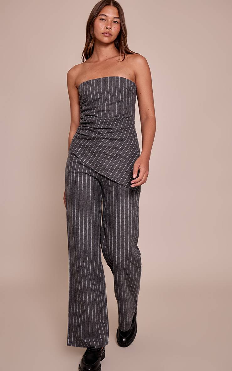 Charcoal Grey Pantalon Large Tissé Ajusté À Fines Rayures