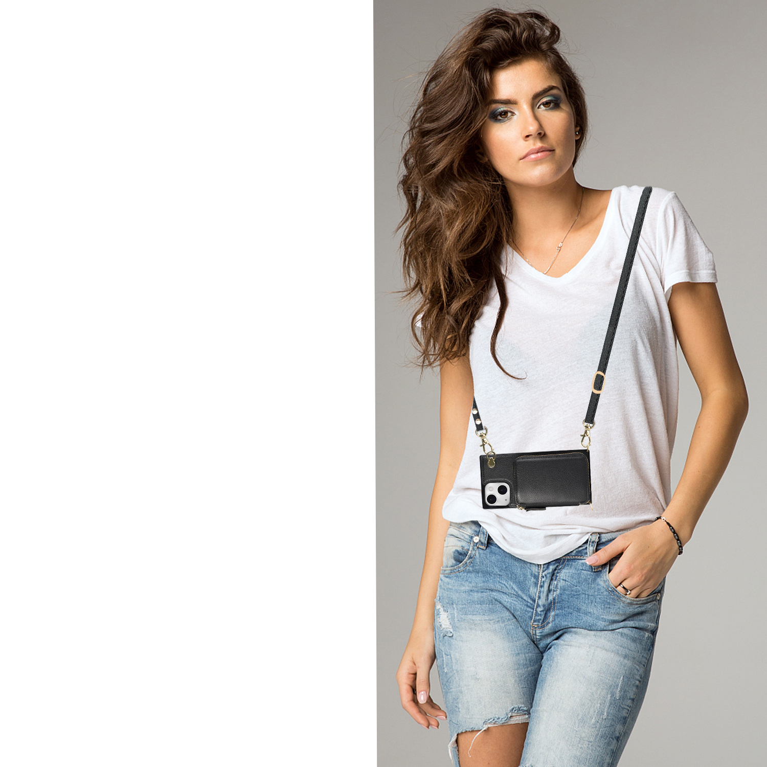 iPhone 13 Necklace Leder Schutz Hülle mit Kartenfächer   Handykette (140cm) - Schwarz