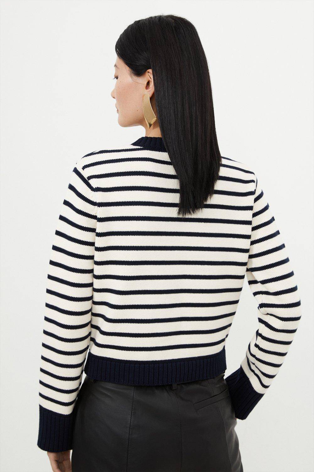 KarenMillen Cardigan en tricot court en coton à rayures et à coupe boxy