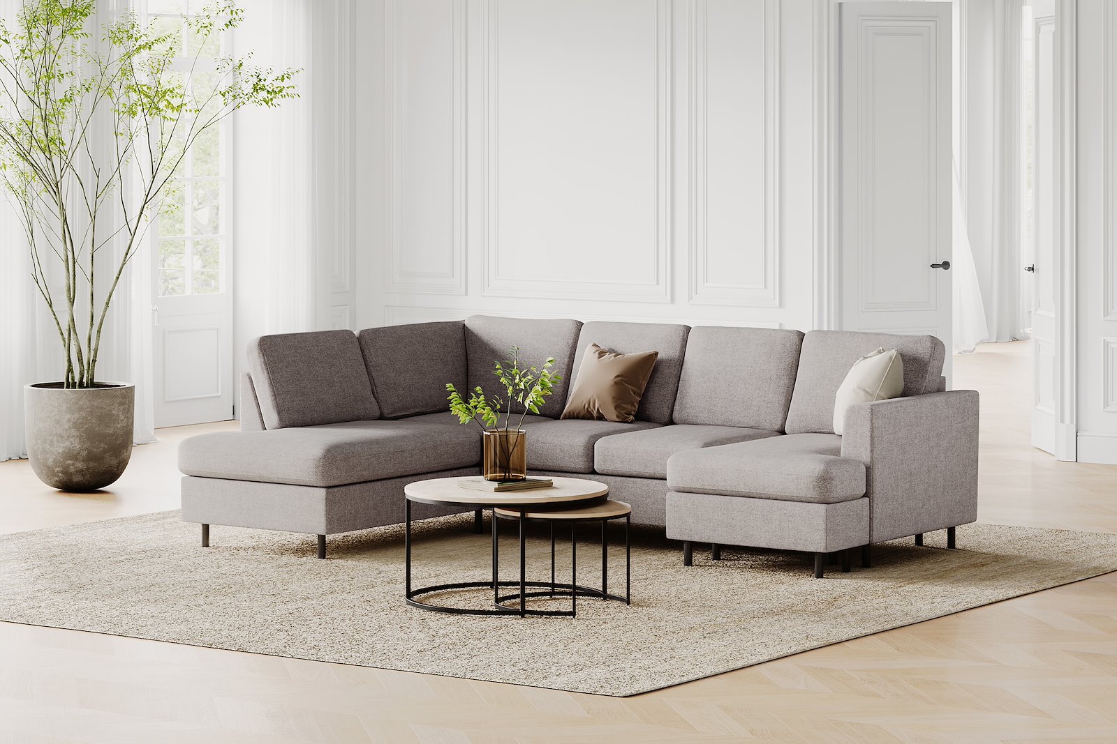 Oslo U-sofa Åpen ende venstre og sjeselong høyre. Tekstil Neve 85 Steel Grey med sorte ben