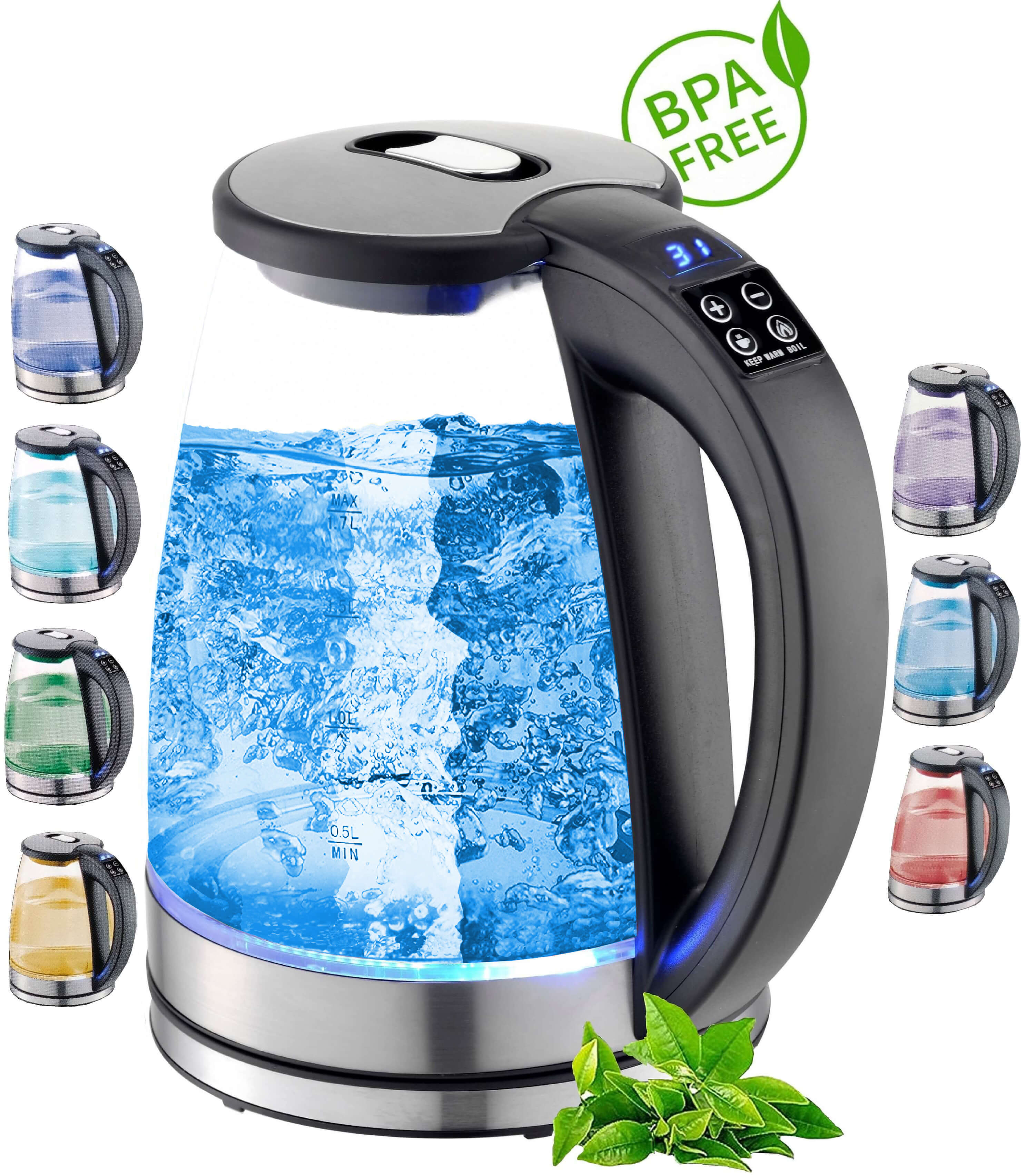 Ecosa Glas Wasserkocher m. Temperatureinstellung LED Beleuchtung 1.8L