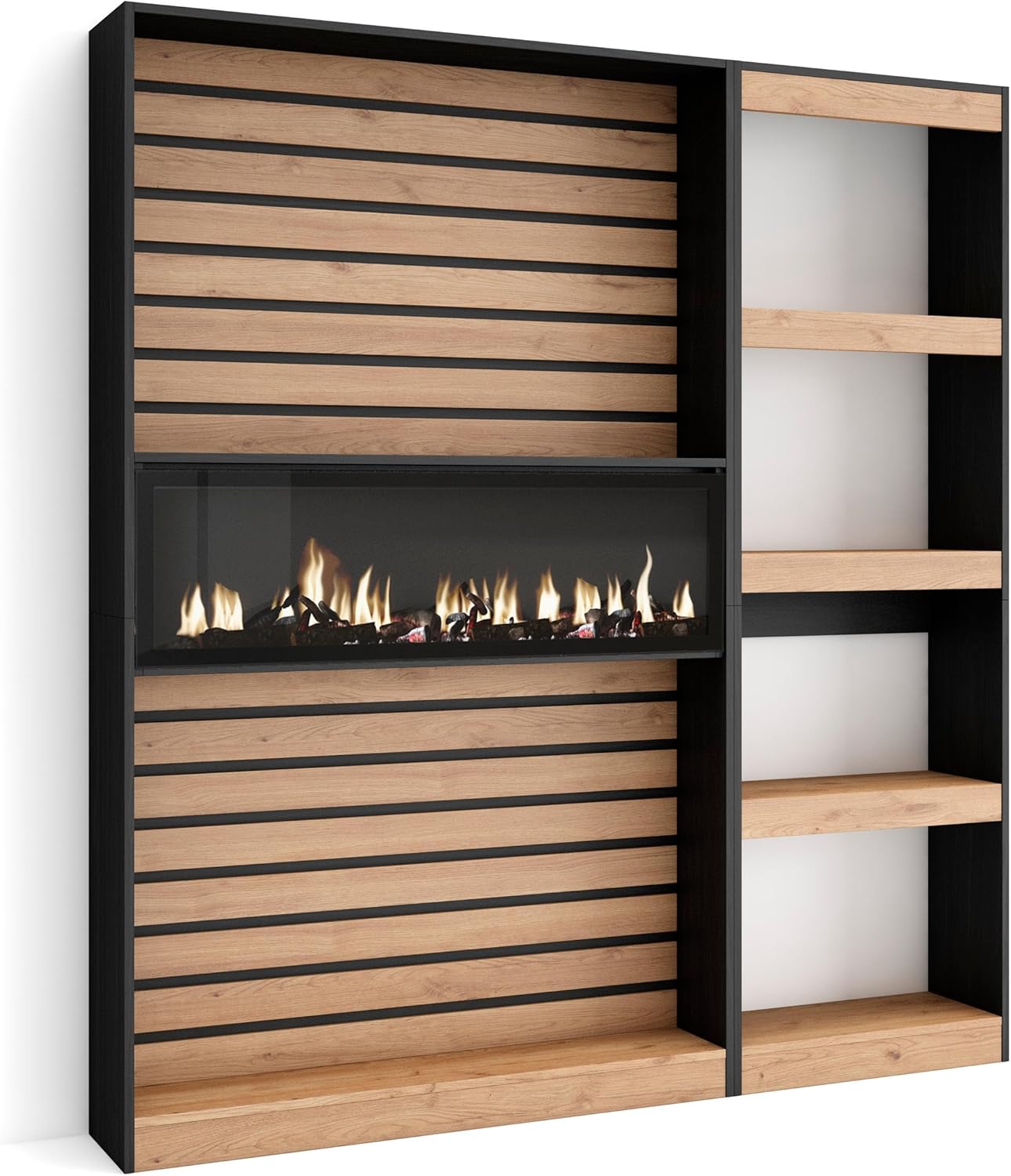 Skraut Home | Bücherregal Bibliothek | Bookshelf, Bookcase | 170x186x25cm | Wohnzimmer, Esszimmer, Büro | Elektrokamin. Maße | Moderner Stil | Eiche Schwarz