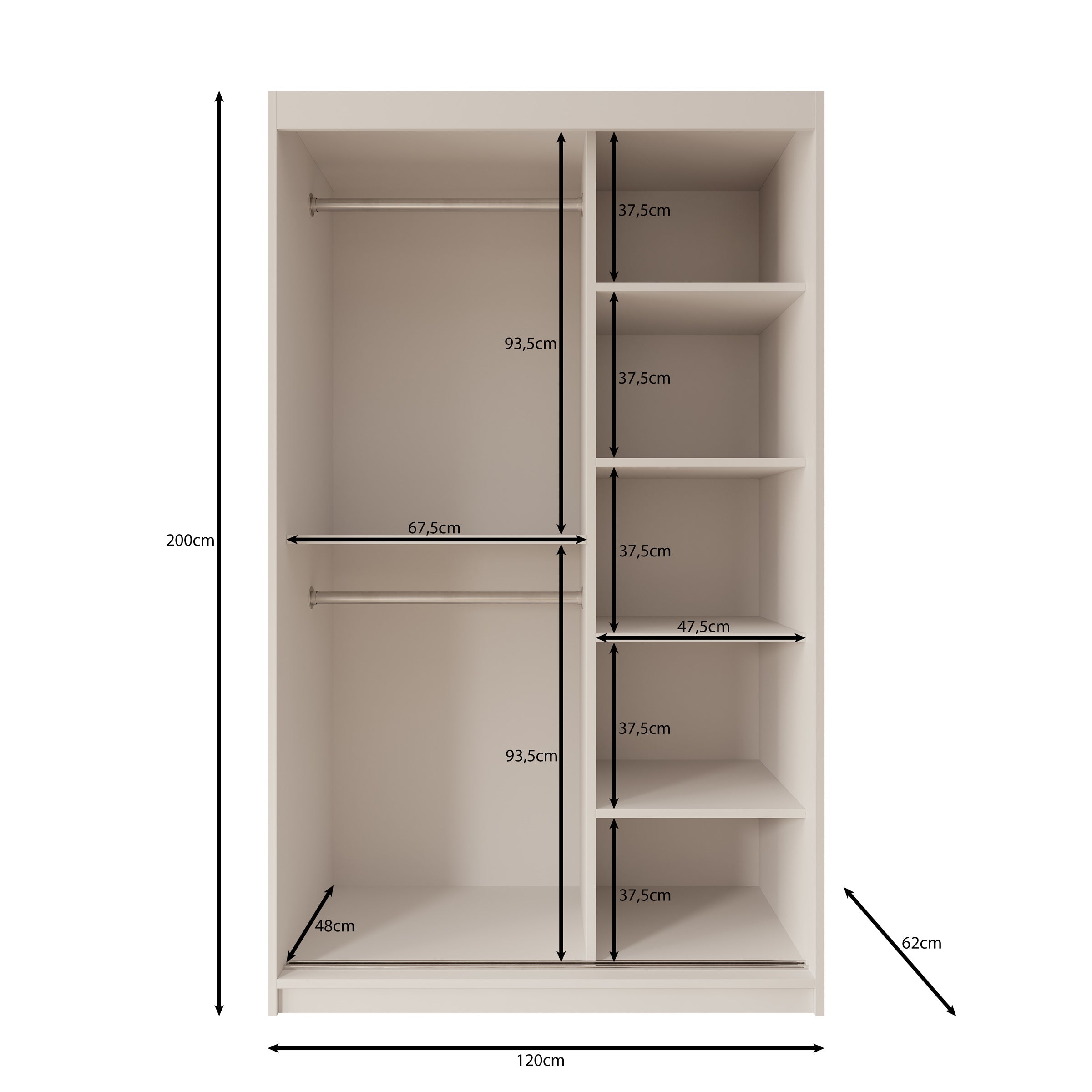 Sentoji - Kledingkast met 2 schuifdeuren - Beige - 120x62x200 cm