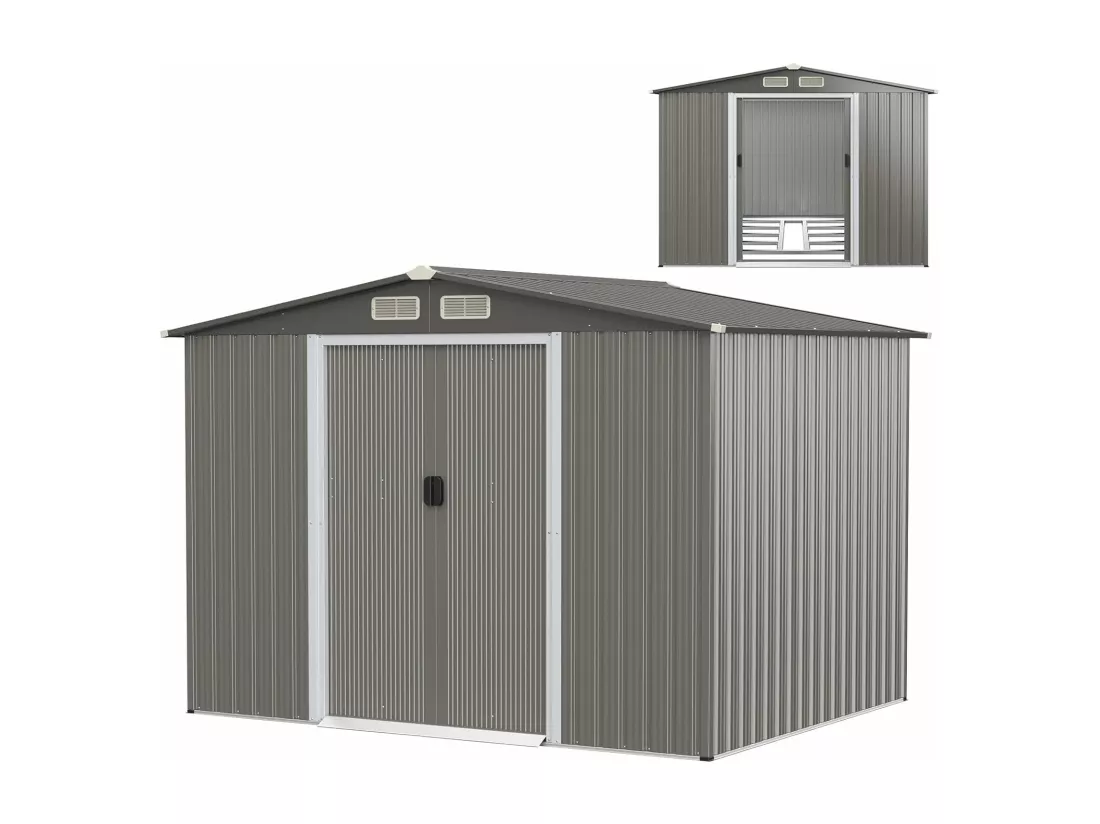 Abri de Jardin 4.7㎡en Acier Galvanisé Anti-UV, 260 x 207 x 181 CM, Cabane de Jardin Exterieur 9.7 m³ avec Fondation et Porte Coulissante, Rampe, 4 Trous d’Aération, 4 Gants Inclus, Gris