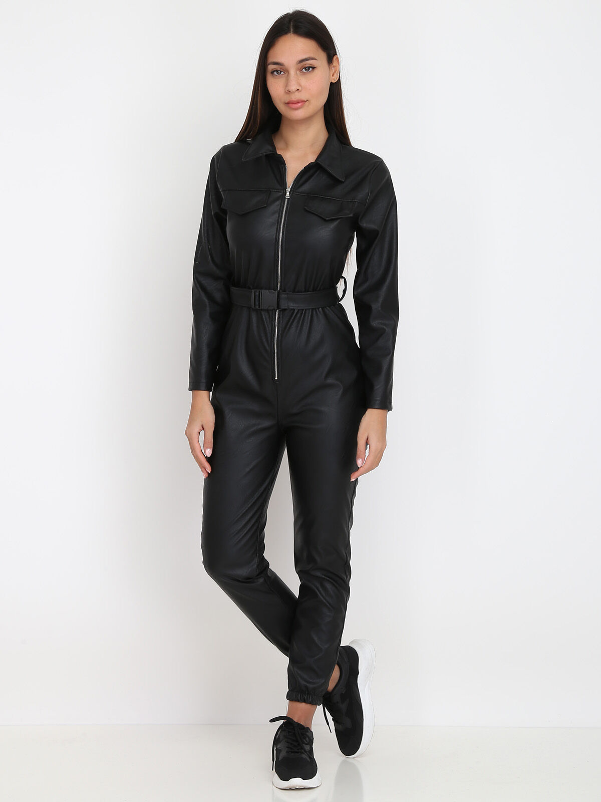 Combinaison en simili avec ceinture utilitaire- Noir