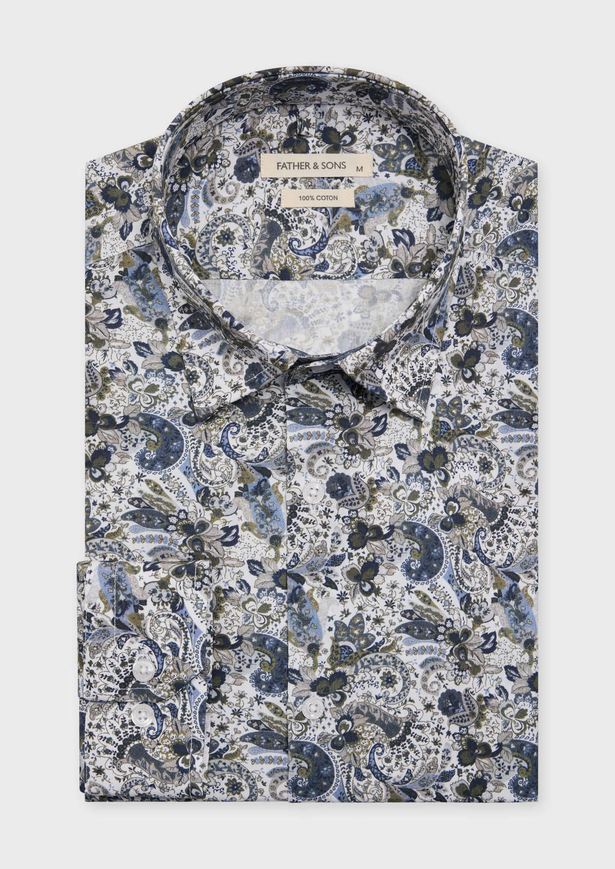 Chemise sport Slim en popeline de coton blanc à motif fleuri kaki et bleu