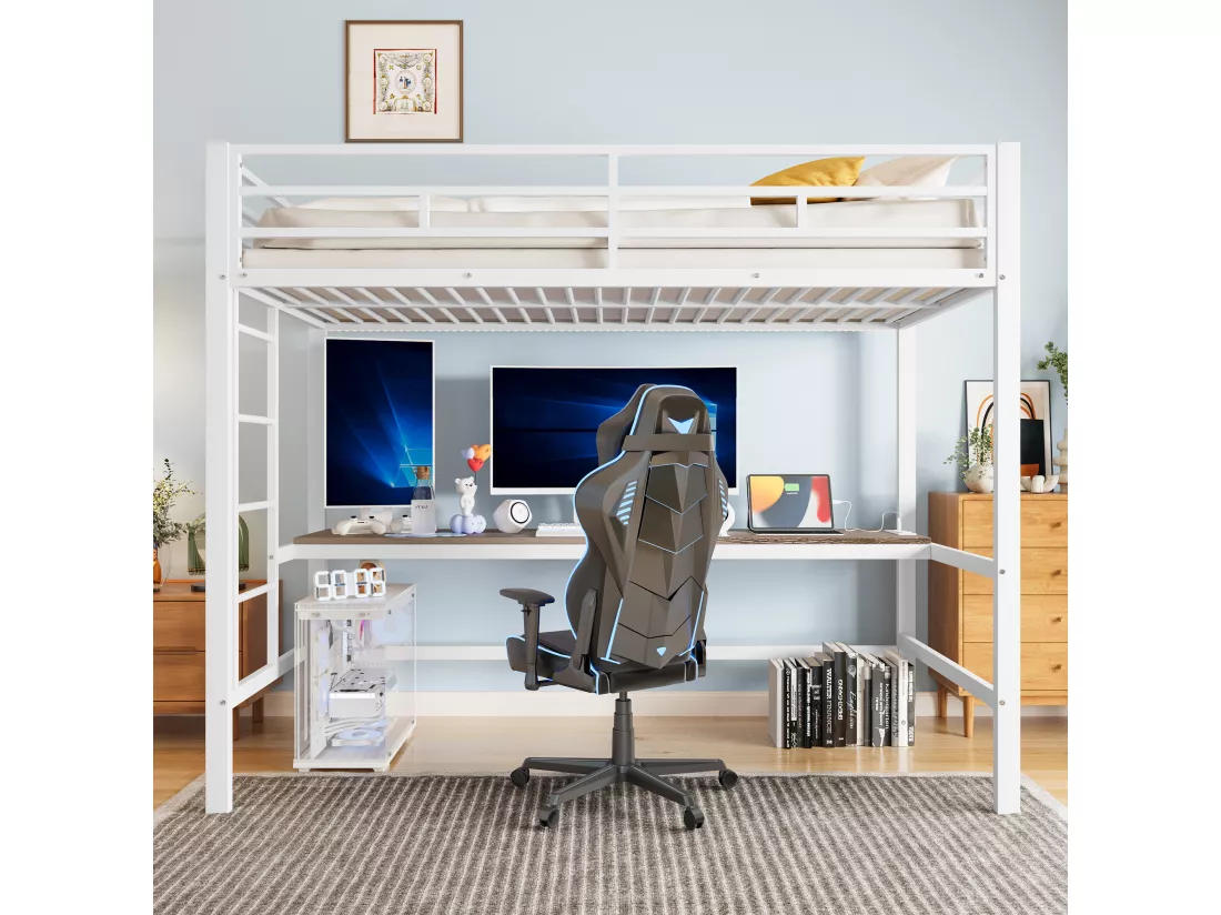 Lit mezzanine garde-corps et escabeau - 90 x 200 cm - avec USB et table - LED - sans matelas - métal - white