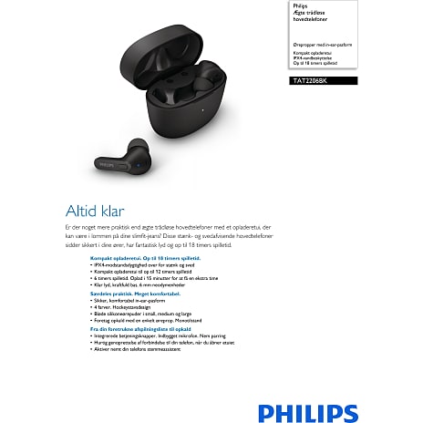 Philips TAT2206BK ægte trådløse øretelefoner med mikrofon - sort