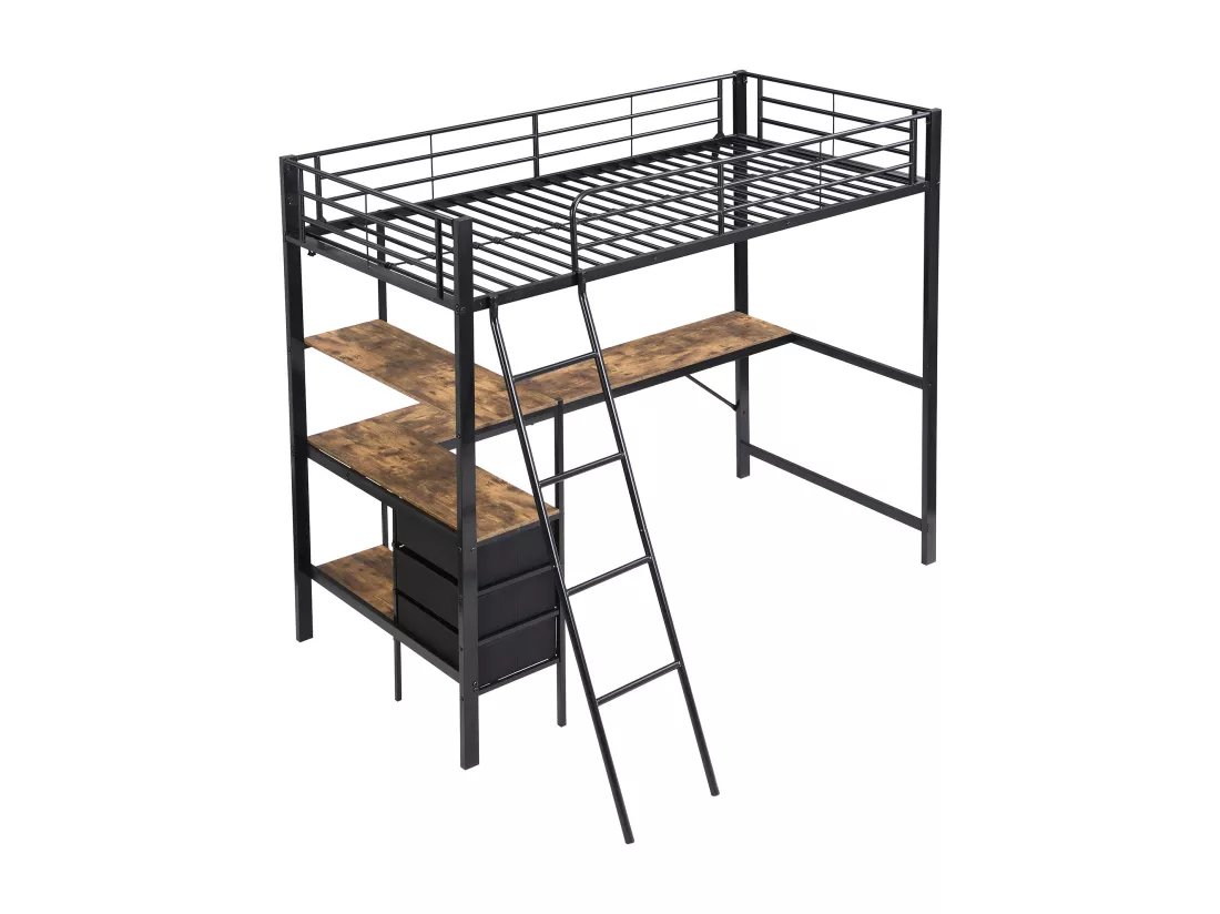 Lit mezzanine 90x200cm - avec 3 tiroirs - avec table de 2m de long - échelle inclinée quatre marches - fer + panneaux de particules - noir (sans matelas)