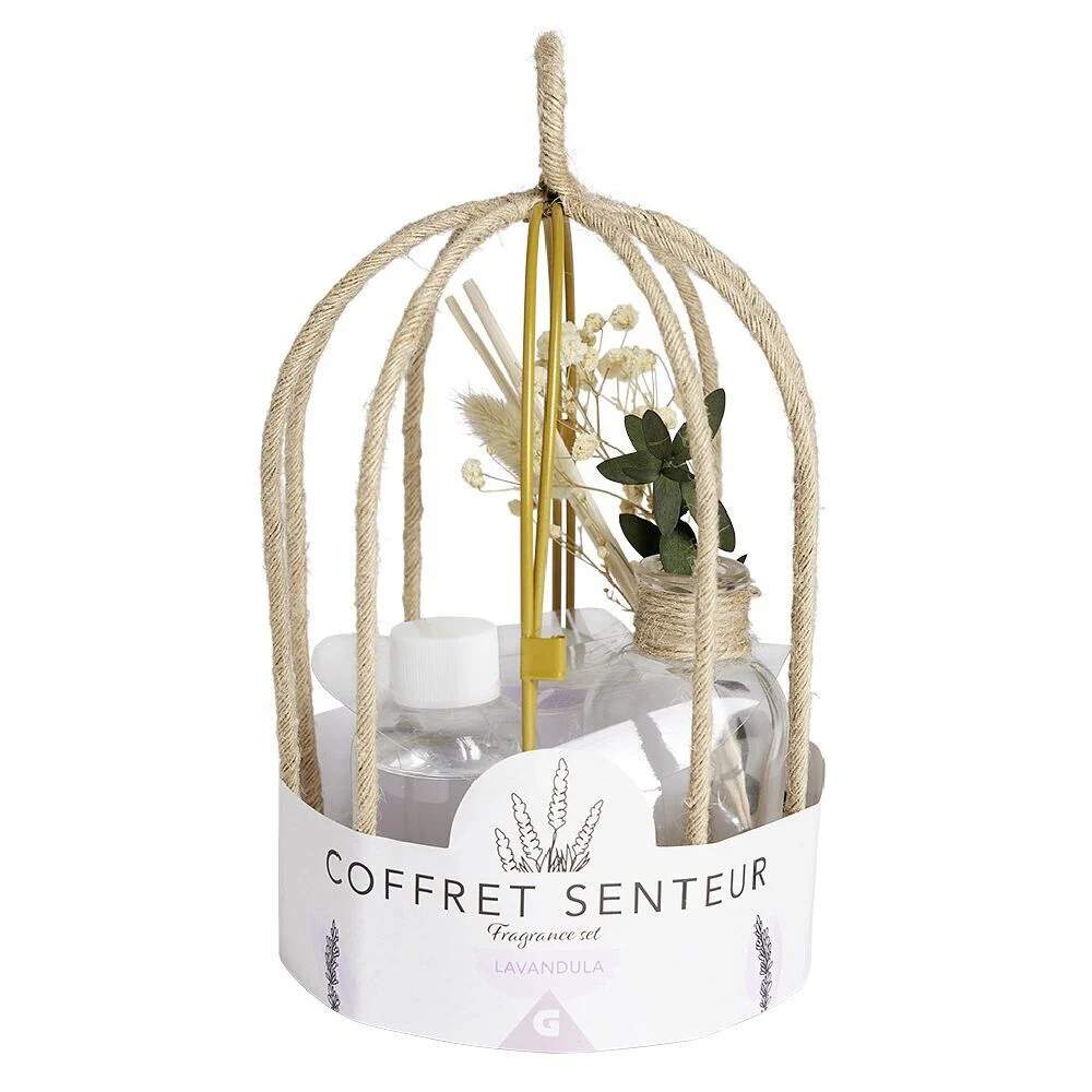 Coffret senteur cage corde fleur séchée lavande Ø14xH24cm