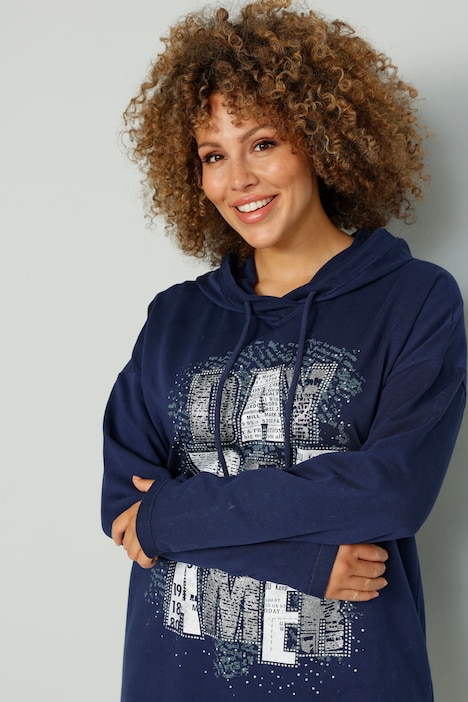 Long-Hoodie, Schriftdruck, Kapuze, Bindeband am Saum.