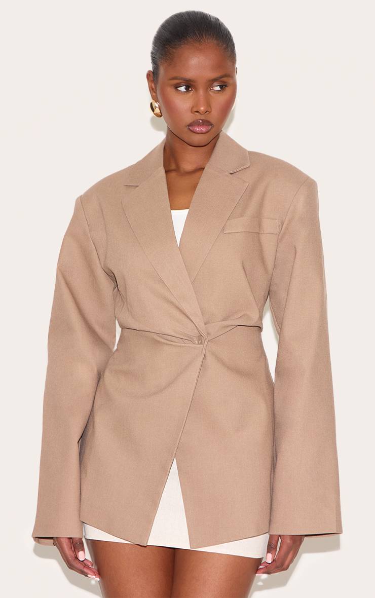 Taupe Blazer Cintré Taille Ajustée Aspect Lin