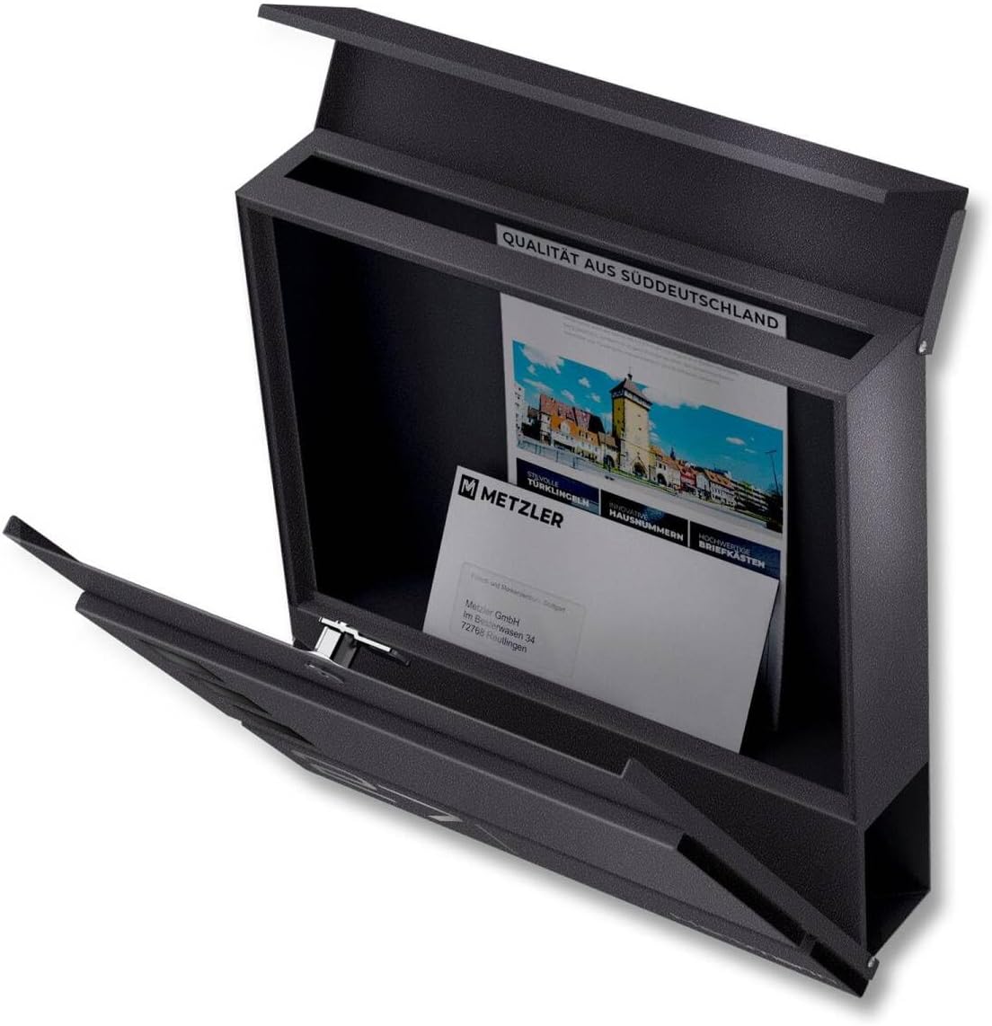 Metzler Briefkasten in Eisenglimmer DB703 Cube - Name & Hausnummer als Lasergravur - Design Wandbriefkasten inkl. Zeitungsfach - Briefkasten mit Fenster - Größe: 37 x 37 x 10,5 cm