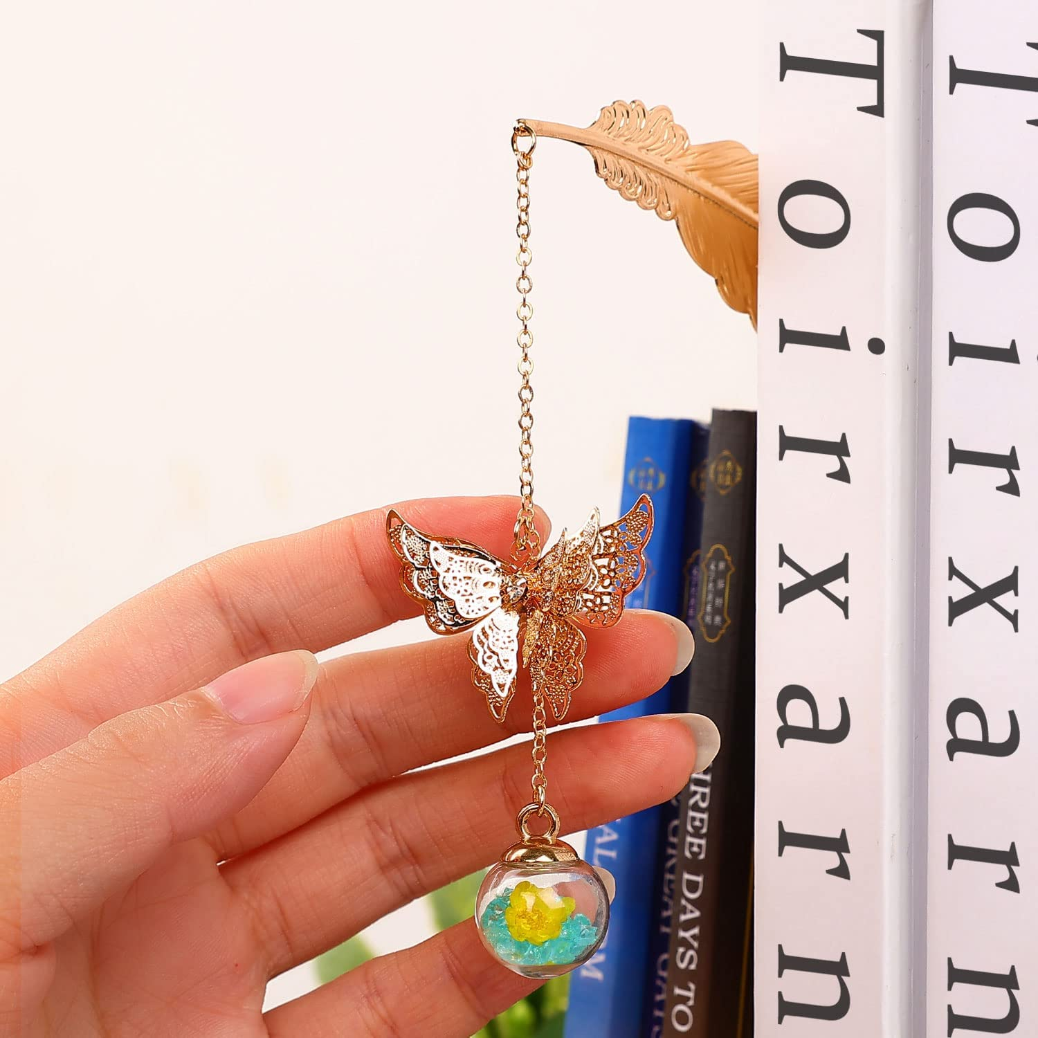 Metall Buch Lesezeichen Feder Seiten Markierungen mit Glasperle   3D Schmetterling - Gold / Lila