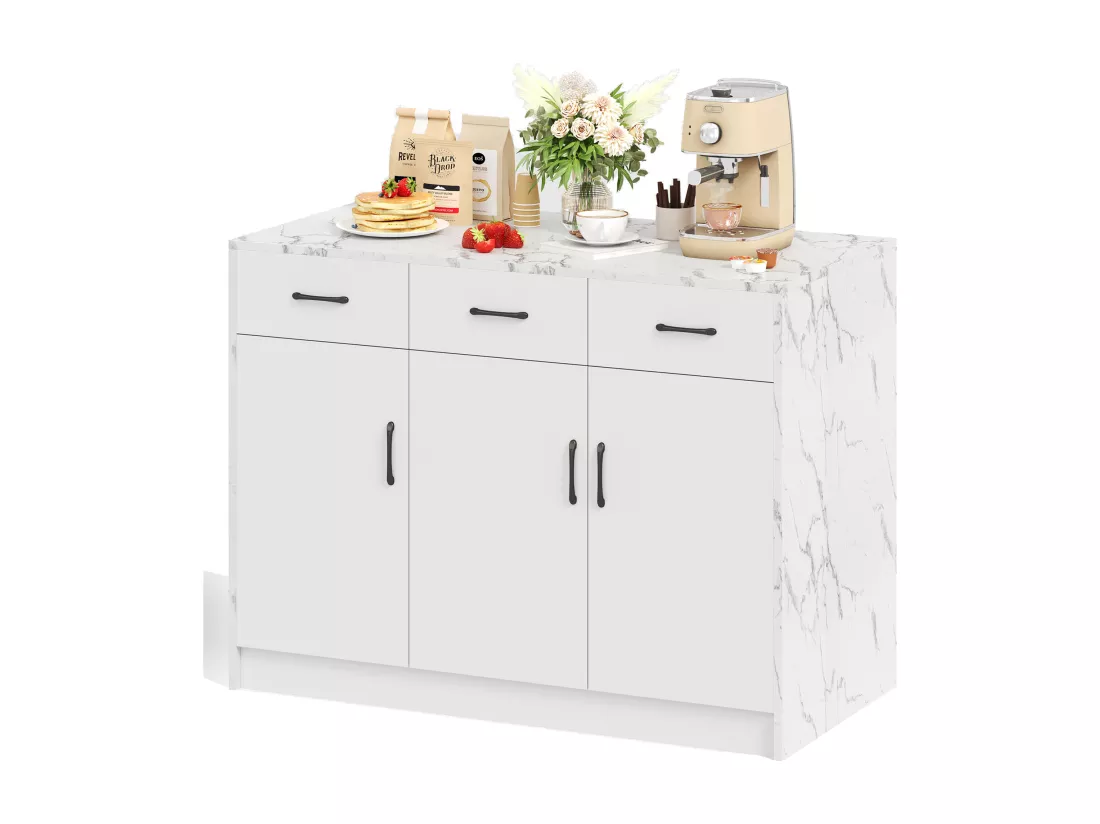 Ilot central de cuisine avec 3 portes et 3 tiroirs - 112 x 60 x 90.5 cm - Plateau en effet marbre - Bois MDF - Blanc