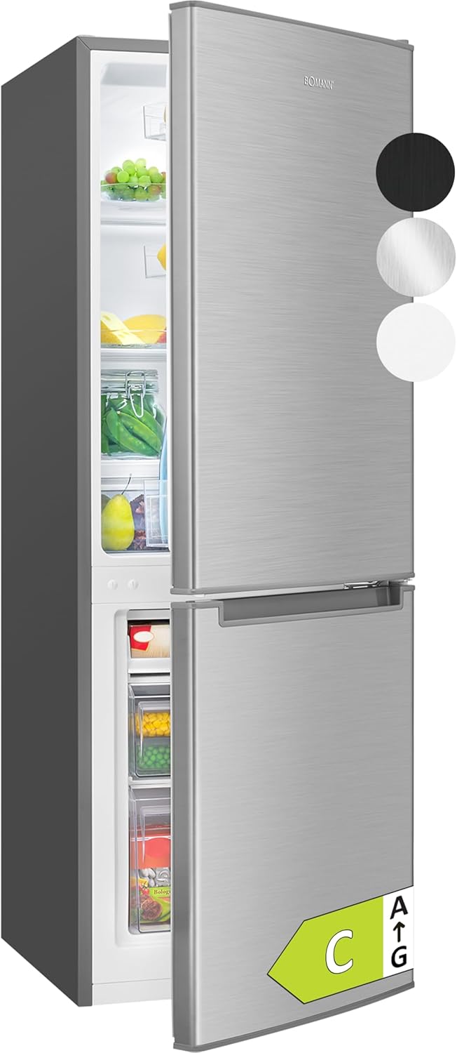 Bomann® Kühlschrank mit Gefrierfach | Energieklasse C | 143cm | Kühl Gefrierkombination leise 40 dB | 3 Ablagen & 2 Schubladen | Türanschlag wechselbar | 173L Kühlgefrierkombi | KG 7359 inox