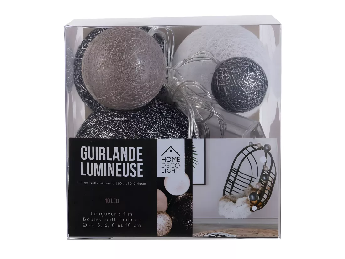 Guirlande lumineuse boules colorées 10 leds multi-tailles