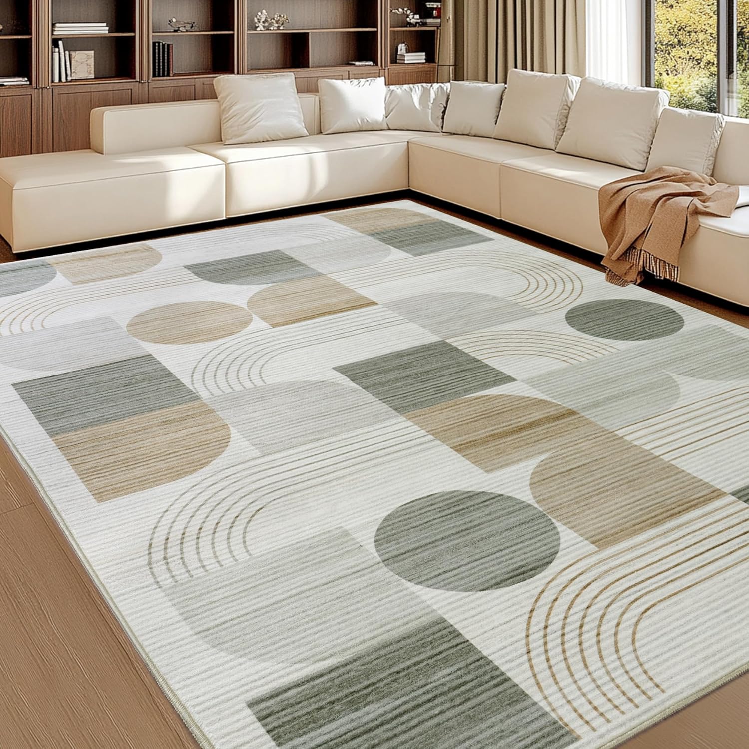 Teppich Wohnzimmer, Moderne Abstraktem Muster Wohnzimmerteppich, Beige 200x230 cm Kurzflor Wohnzimmer Waschbare Teppiche, Groß Carpet Wollteppich für Schlafzimmer Büro Esszimmer