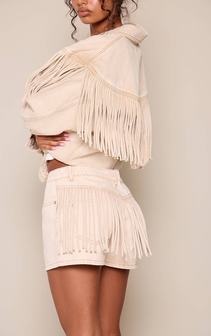 Washed Stone Short En Denim Taille Haute Avec Détail À Franges