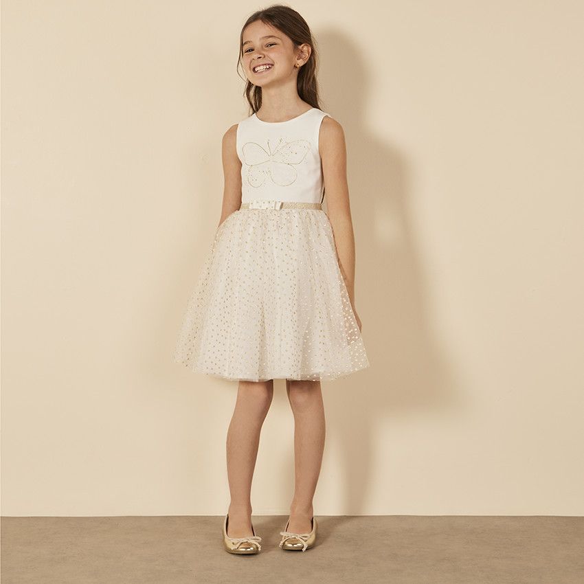 Robe de cérémonie en crêpe et tulle pour fille - Ecru