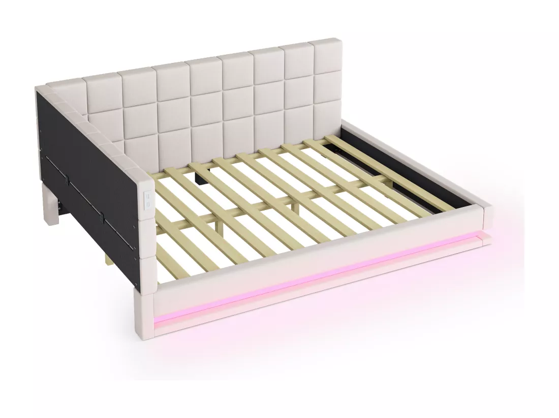 Lit banquette rembourré en velours 140x200cm - avec LED et prise USB - Beige