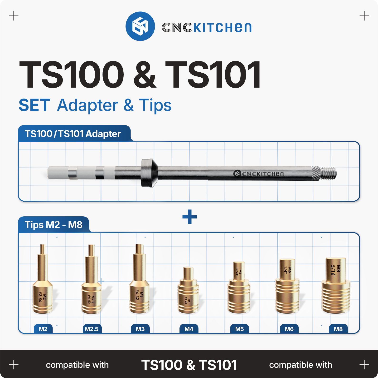 CNC Kitchen  Einschmelzhilfen + TS100 Adapter    Hochwertige Lötspitzen mit Kupfergewinde inkl. Adapter