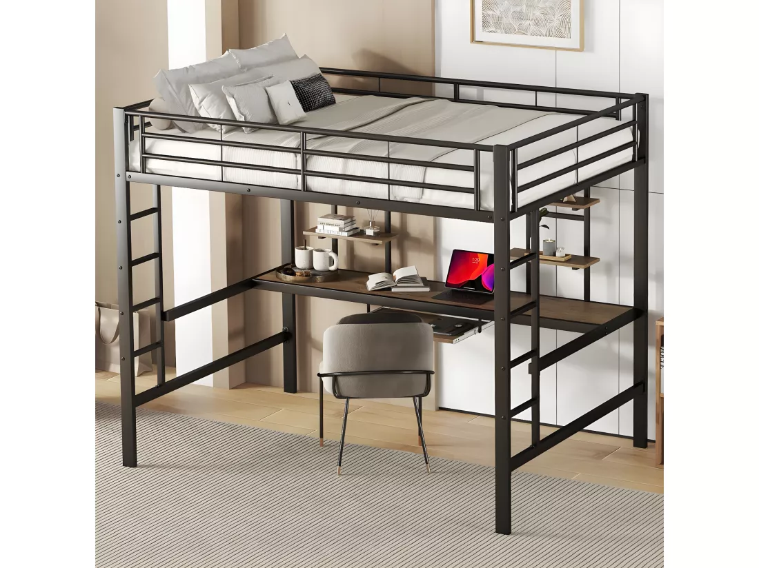Cadre de lit en métal, loft bed avec bureau et deux bibliothèques pour enfants, adolescents et adultes, 140x200 cm, noir