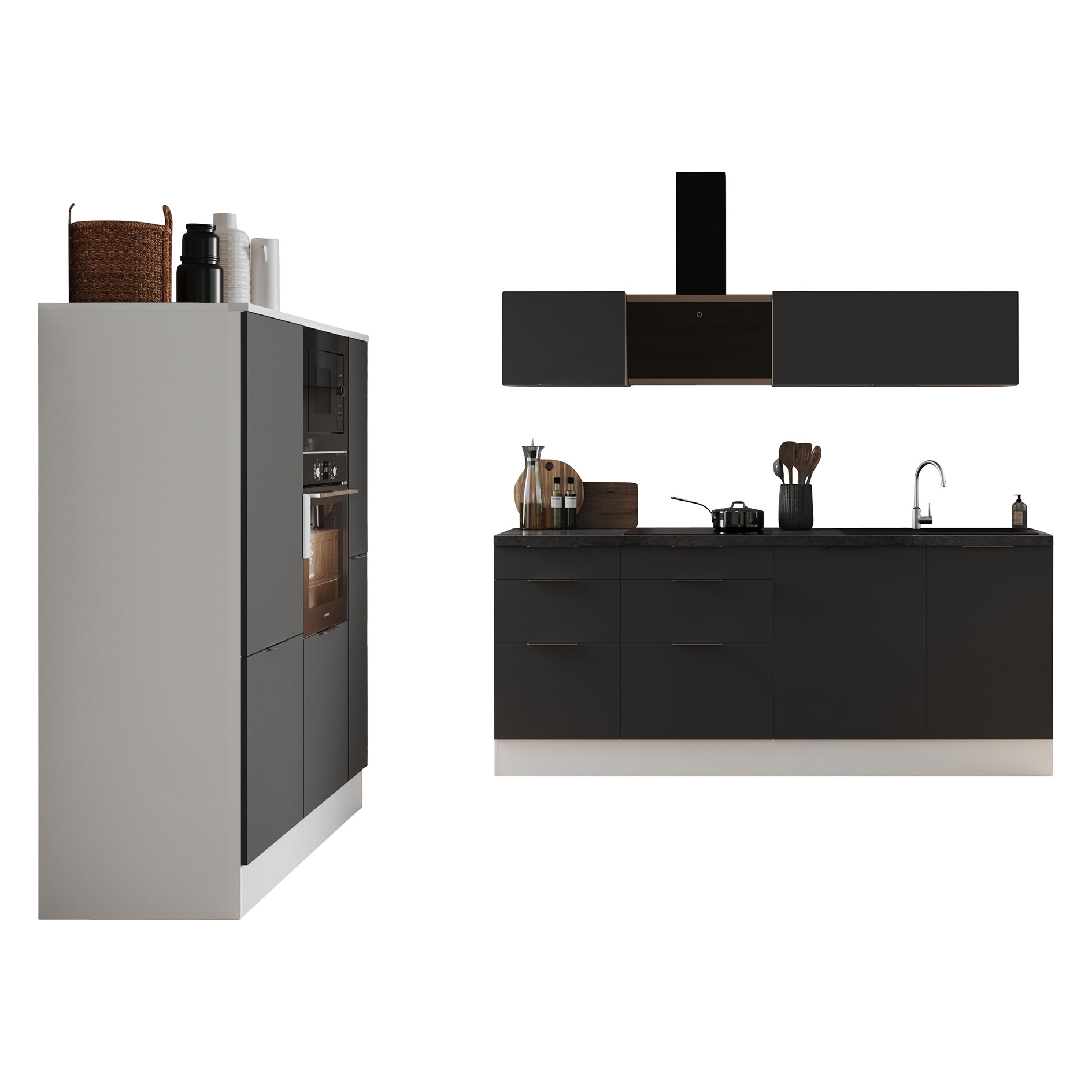 Küchenblock - grau matt - weiß matt - mit E-Geräten - 370 cm