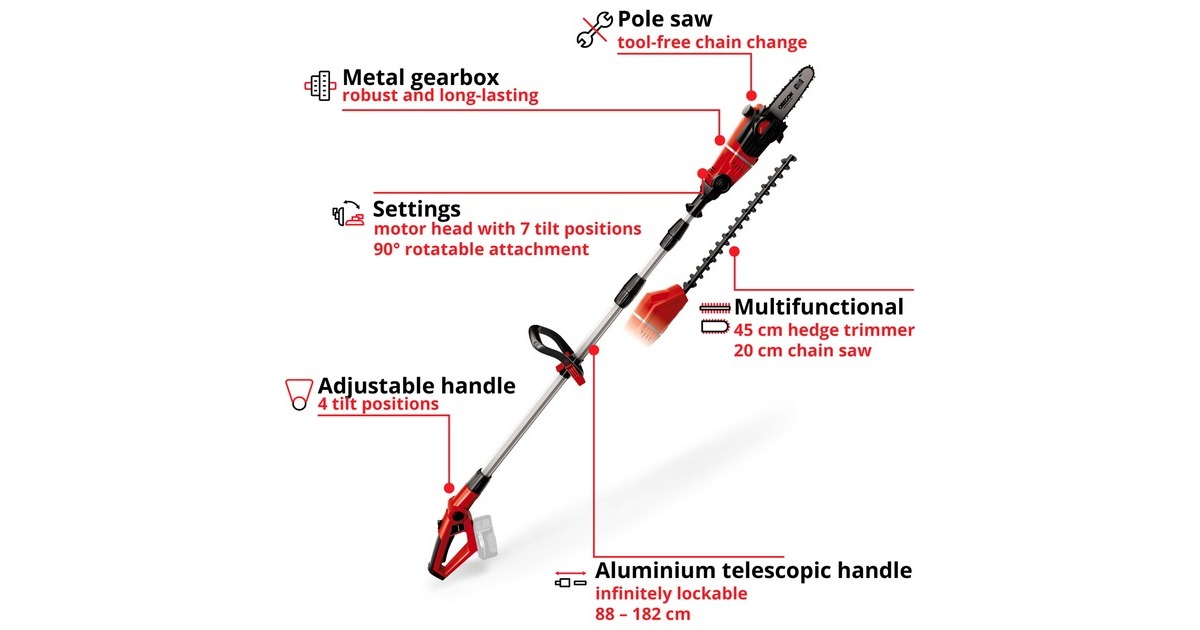 EINHELLAccu tuin-multitool GE-HC 18 Li T Solo stoksnoeizaag  (Rood, Accu en oplader niet inbegrepen)