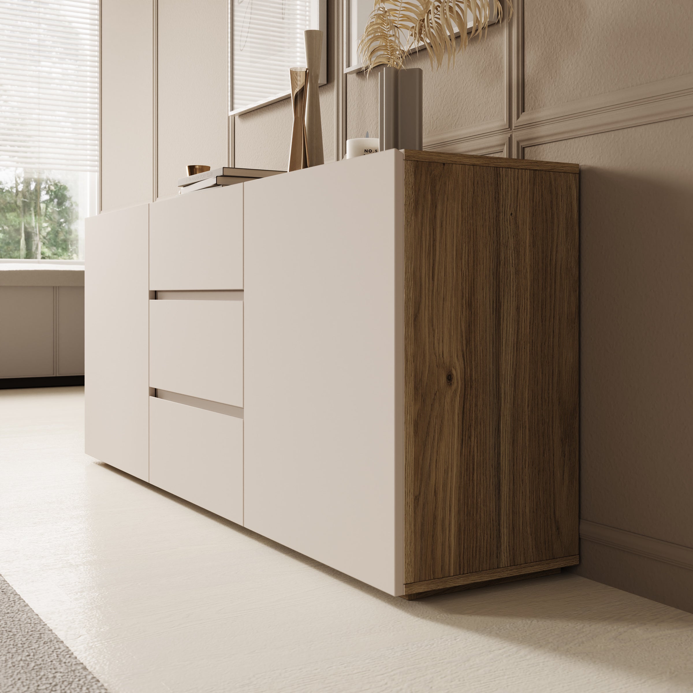 Cumi - Dressoir - Beige/Eikenpatroon - 150x34x64 cm