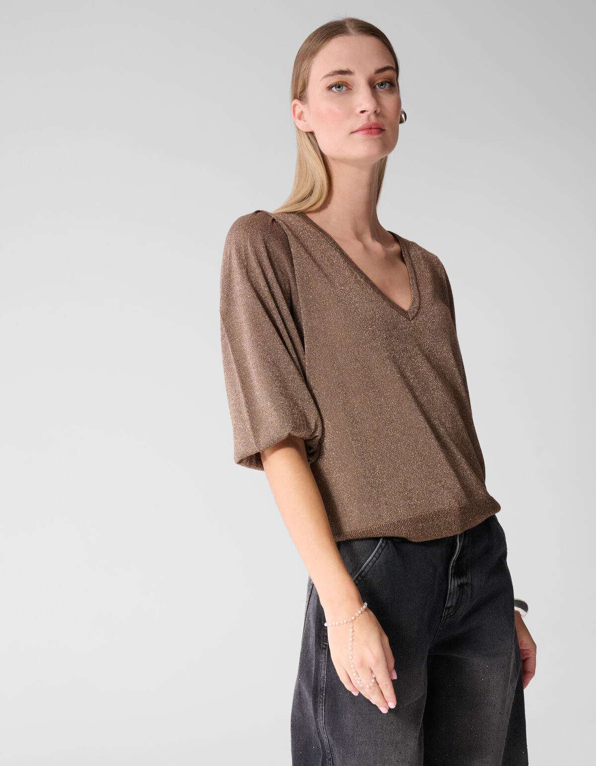 Glitter V-hals Gebreide Trui Taupe
