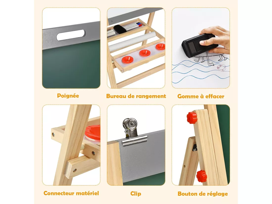 Chevalet d’Art 3-en-1 pour Enfants de 3+Ans avec Hauteur Réglable sur 5 Positions, Plateau de Rangement et Tableau à 2 Faces