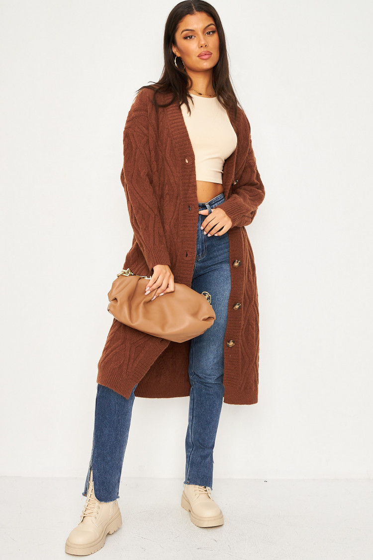 Gilet long en laine et maille marron