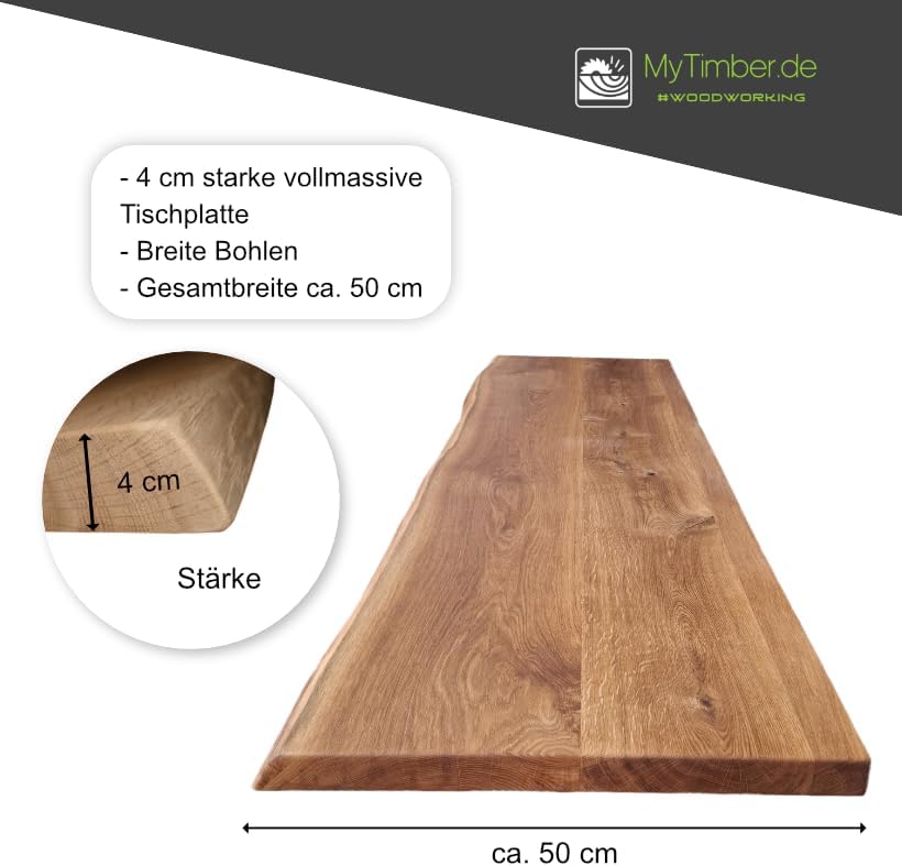 MyTimber® Waschtischplatte aus Eiche Massivholz | 4cm Starke Eichenbohlen | Ideal für Aufsatzwaschbecken | Baumkante oder gerade Kante (Baumkante - gespachtelt & geölt, 100x50cm)