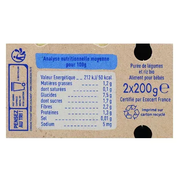 Potes de comida para bebê Babybio Goodnight com pastinaca, vagem e arroz +8 meses Orgânico 2 x 200g