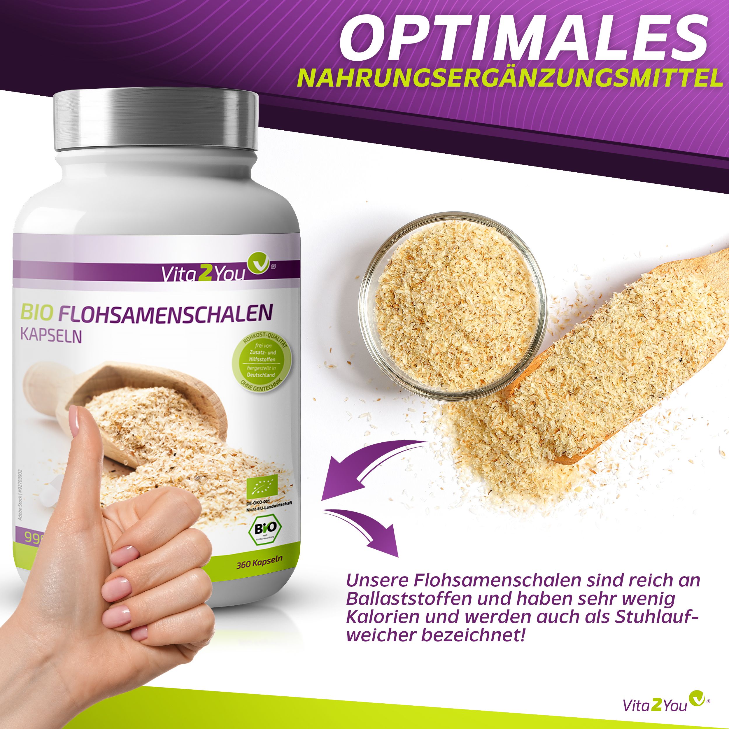 Vita2You Bio Flohsamenschalen Kapseln 750mg - Hochdosiert