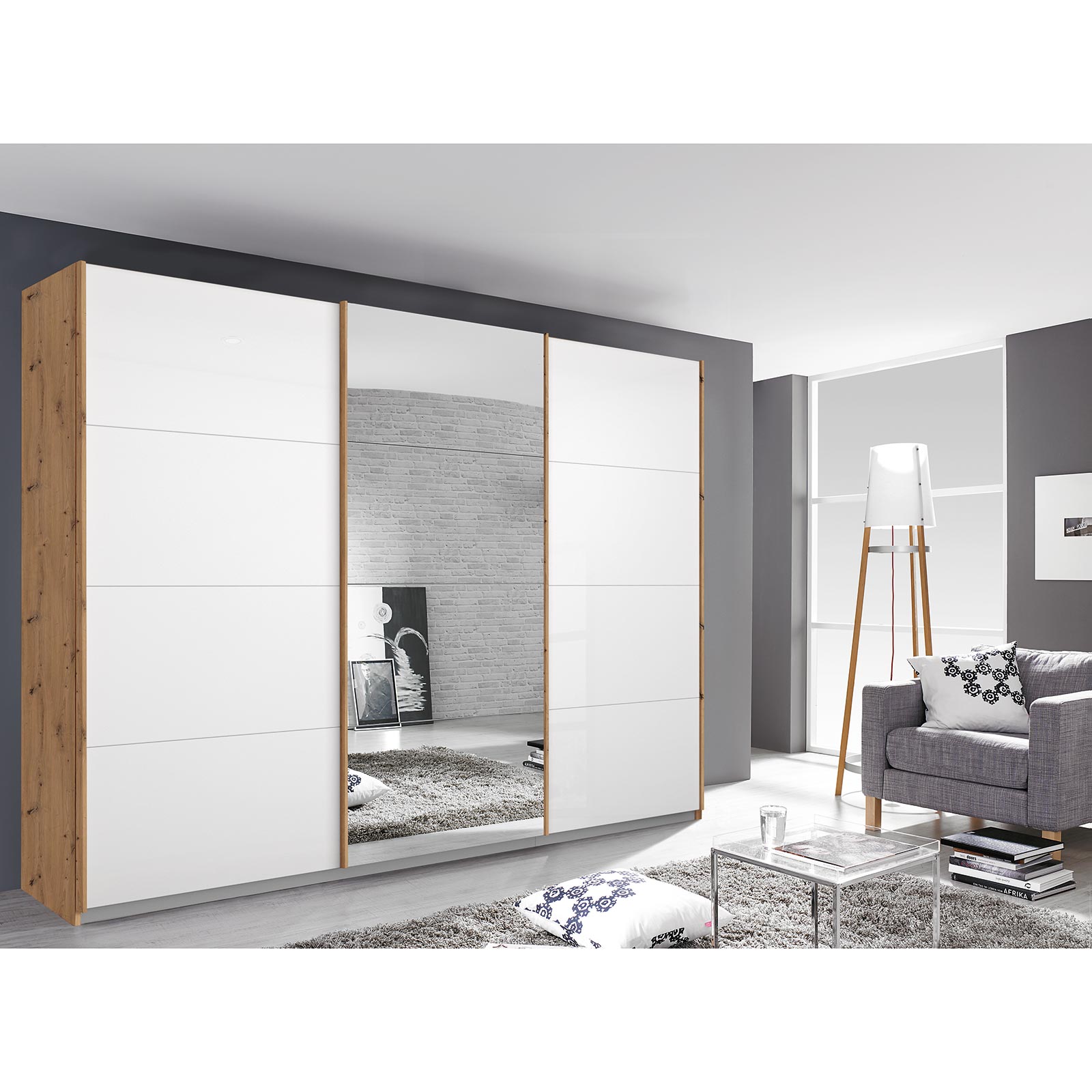 Schwebetürenschrank - weiß Hochglanz - Eiche Artisan - mit Spiegel - 271x210 cm